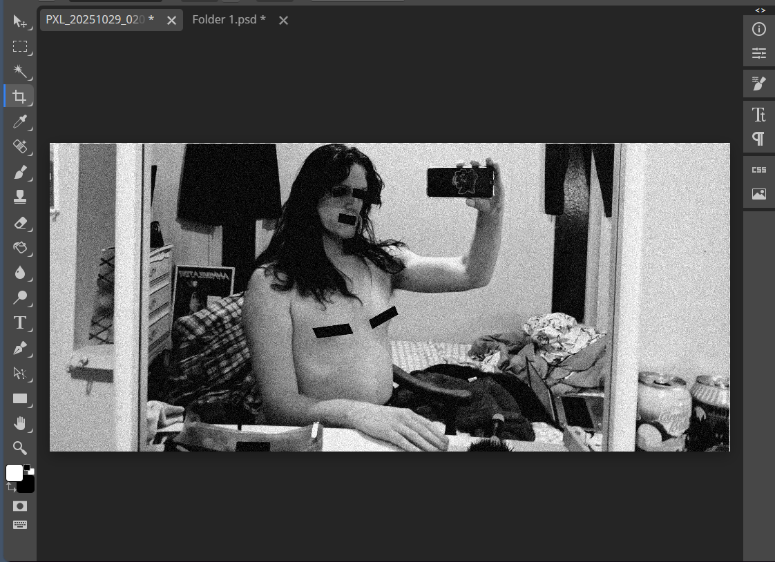 an image of a screenshot of a computer photo manipulation software like photoshop. inside it a picture of Morrigan is being redacted.