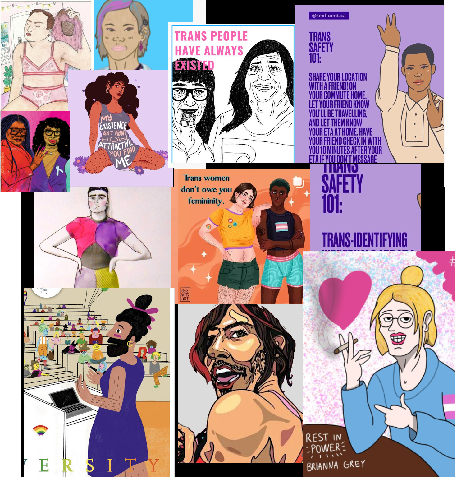 14  different trans women are depicted as caricatures.