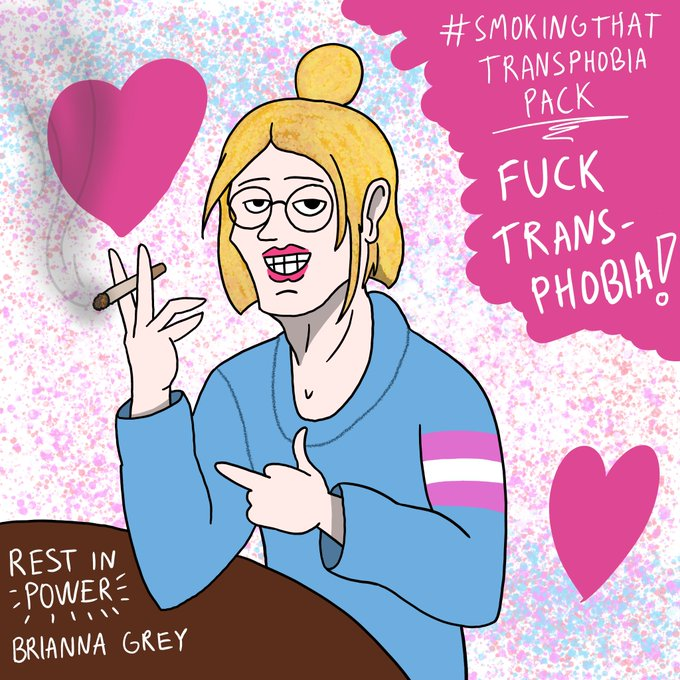 a caricature of a blonde trans woman who is smoking a joint and the image is meant to belittle trans women and brianna ghey