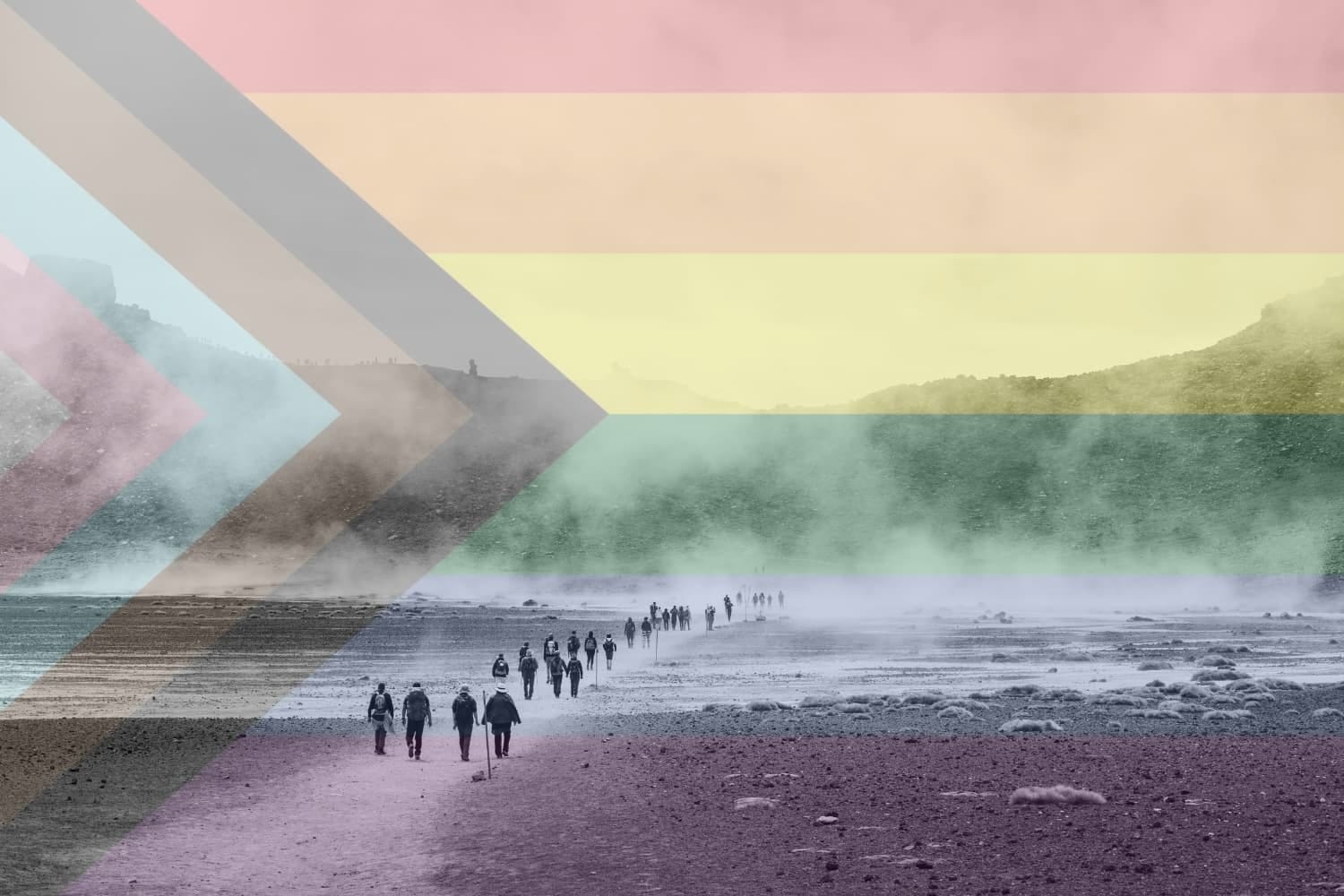 a group of people migrating across a barren, sandy landscape with the progress pride flag superimposed over them
