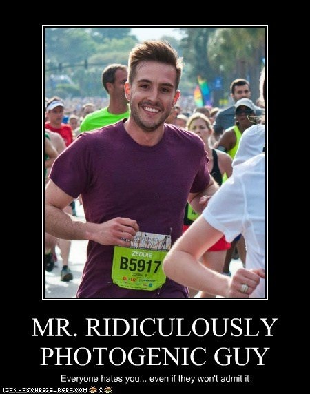 a photogenic marathon runner in a purple shirt turned into a classic black-box meme