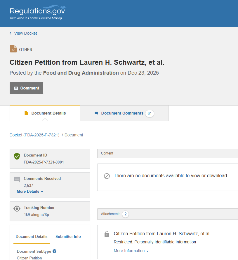 a screenshot that says citizen petition from lauren h scwartz et al. it says it was posted on dec 23, 2025 and has received 2537 comments.