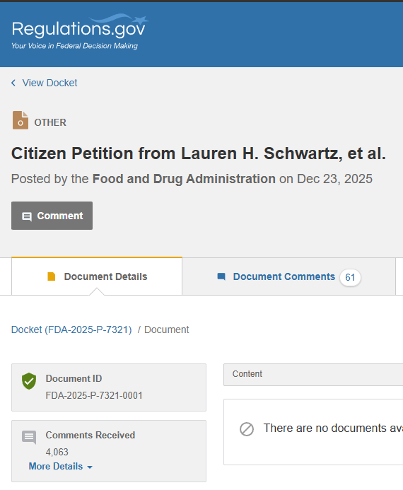a screenshot that says citizen petition from lauren h scwartz et al. it says it was posted on dec 23, 2025 and has received 4063 comments.