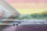 a group of people migrating across a barren, sandy landscape with the progress pride flag superimposed over them