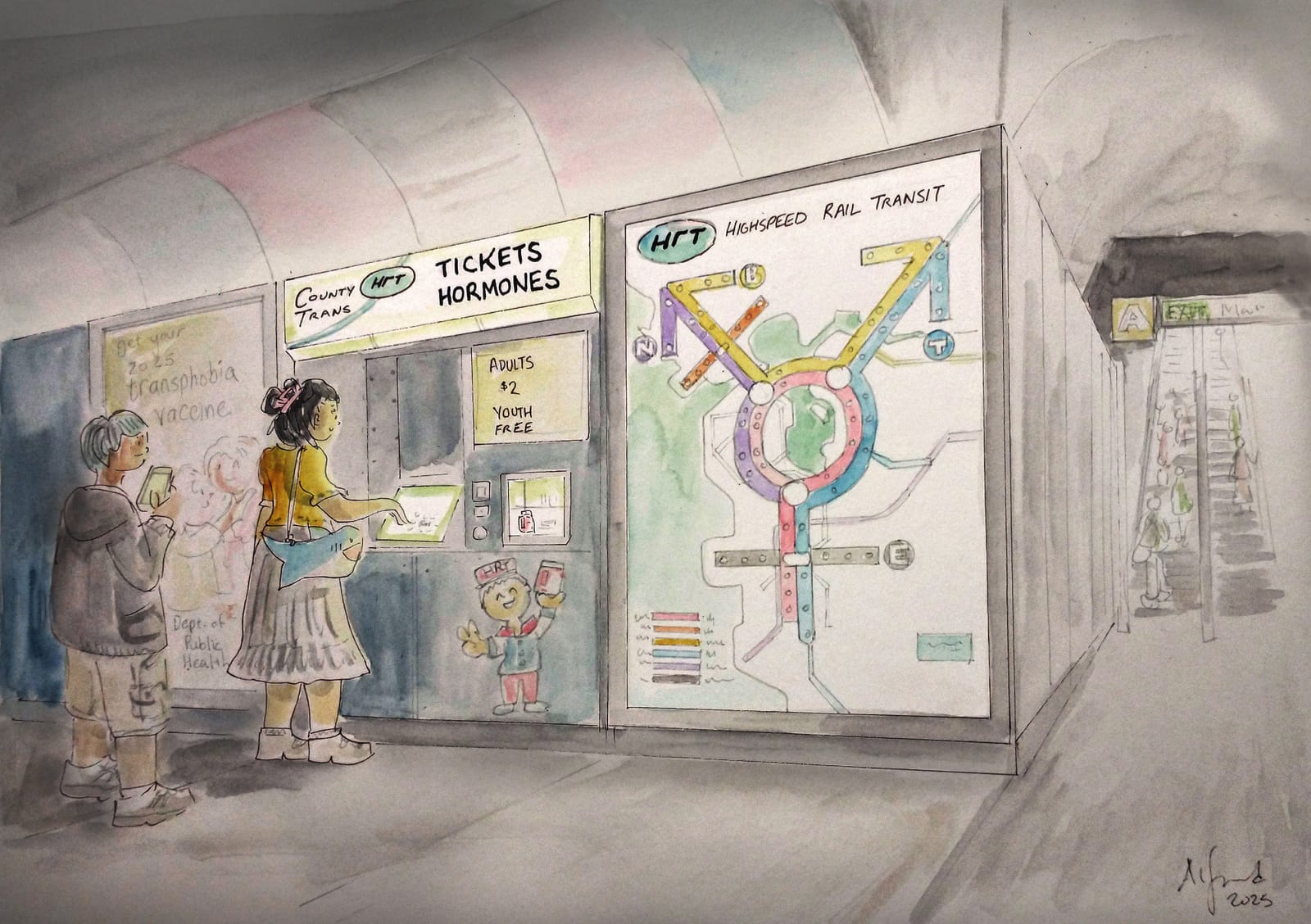 Watercolor drawing of a subway station concourse. The ceiling is curved with a subtle blue-pink-white striped pattern.  At the left, two people are in line at a vending machine.  One of them has short blue hair and is wearing an oversized black hoodie and shorts, the other has black hair held up with a hair clip and is wearing a yellow blouse and white skirt, and has a shark shaped purse. Behind them is a large ad in faint letters that reads "get your transphobia vaccine - Dept of Public Health" and shows two people hugging.