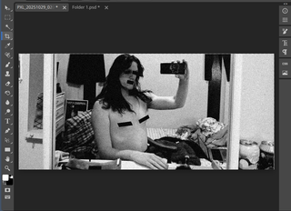 an image of a screenshot of a computer photo manipulation software like photoshop. inside it a picture of Morrigan is being redacted.
