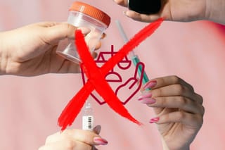 4 humans hands each holding a different medical testing instrument with a red x superimposed over them