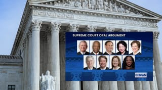 a photo of the supreme court building with a c-span screenshot overlaid. the screenshot has profile photos of each scotus justice