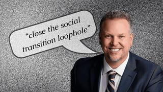 a senator with dead, demonic eyes smiles large with a noisy background and a text bubble that says "close the social transition loophole"