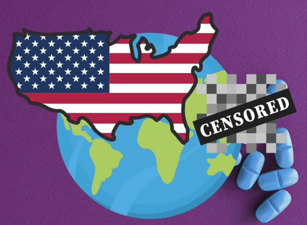 a collage of a cartoon earth with the usa map as a flag superimposed over it and then some hrt pills with a censor block over them