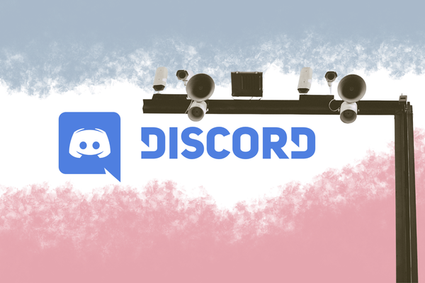 a blue and red smokey background with the discord logo and a bunch of surveillance camera superimposed