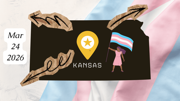 an image of the trans flag with the state of kansas in hazard colors over it. from the top of hte flag there are scribbled arrows leading outside the state's borders and a trans woman of col